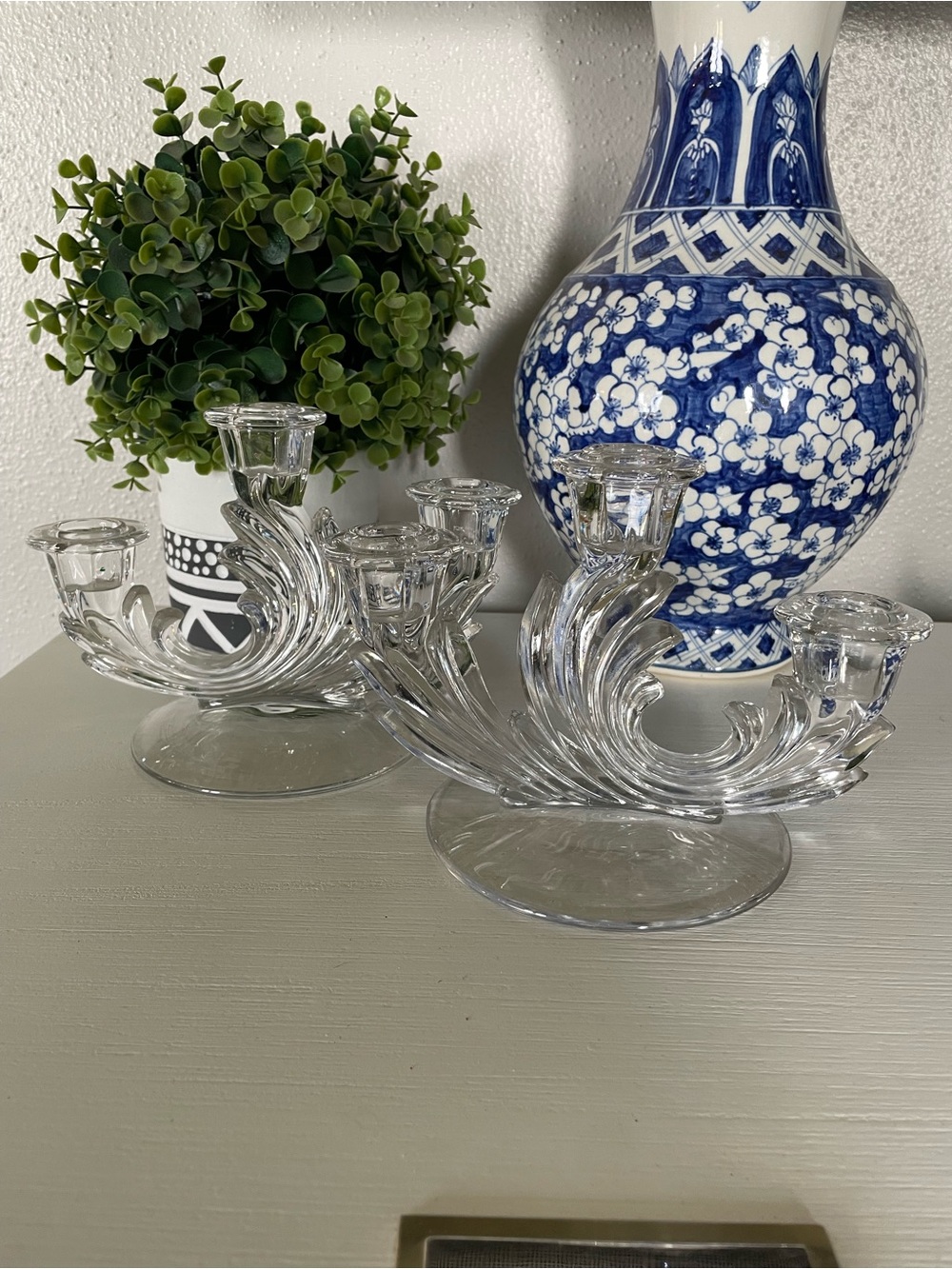 Fostoria Baroque 3 Light Candlestick Clear 2pc set Exquisite 5 5/8 x 8 1/4 Inch